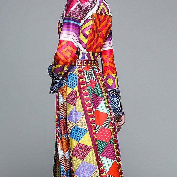 NWT Multicolor A-line Long Slv Printed Maxi Dress - Picture 6 of 10